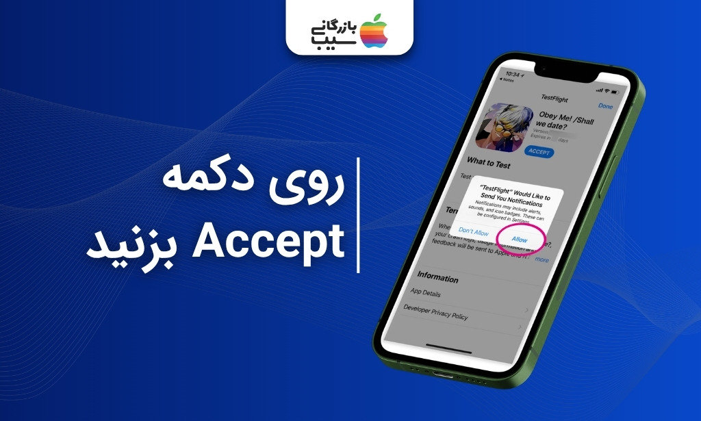 انتخاب دکمه Accept در TestFlight آیفون