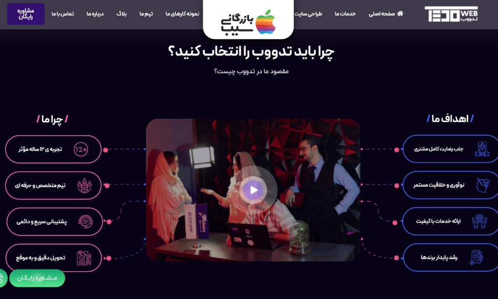 صفحه معرفی شرکت تدووب با دلایل انتخاب، اهداف مجموعه و ویدئوی معرفی تیم طراحی سایت