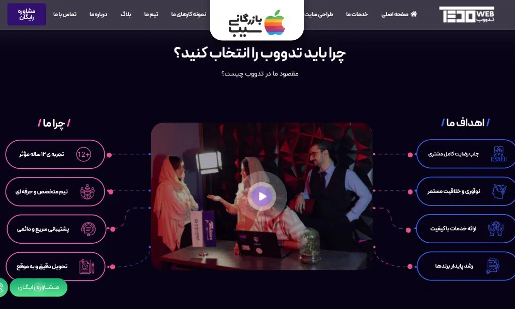 صفحه معرفی شرکت تدووب با دلایل انتخاب، اهداف مجموعه و ویدئوی معرفی تیم طراحی سایت