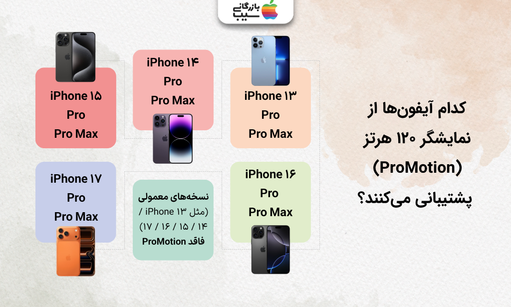 تصویر اینفوگرافیک از آیفون‌هایی که از نمایشگر ۱۲۰ هرتز (ProMotion) پشتیبانی می‌کنند
