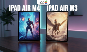 مقایسه روبه‌روی iPad Air M4 و iPad Air M3 با نمایشگرهای روشن روی میز و پس‌زمینه مدرن