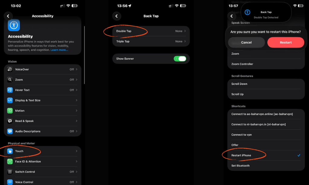 تصویری از مرحله سوم تنظیم Back Tap برای ریستارت