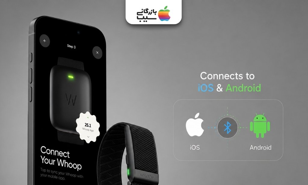 تصویری از مچ بند هوشمند ووپ در کنار یک گوشی و اتصال آن به اندروید و iOS