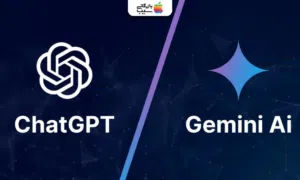 مقایسه هوش مصنوعی چت جی پی تی با جیمنای همراه با نمایش لوگوی ChatGPT و Gemini در پس‌زمینه دیجیتال