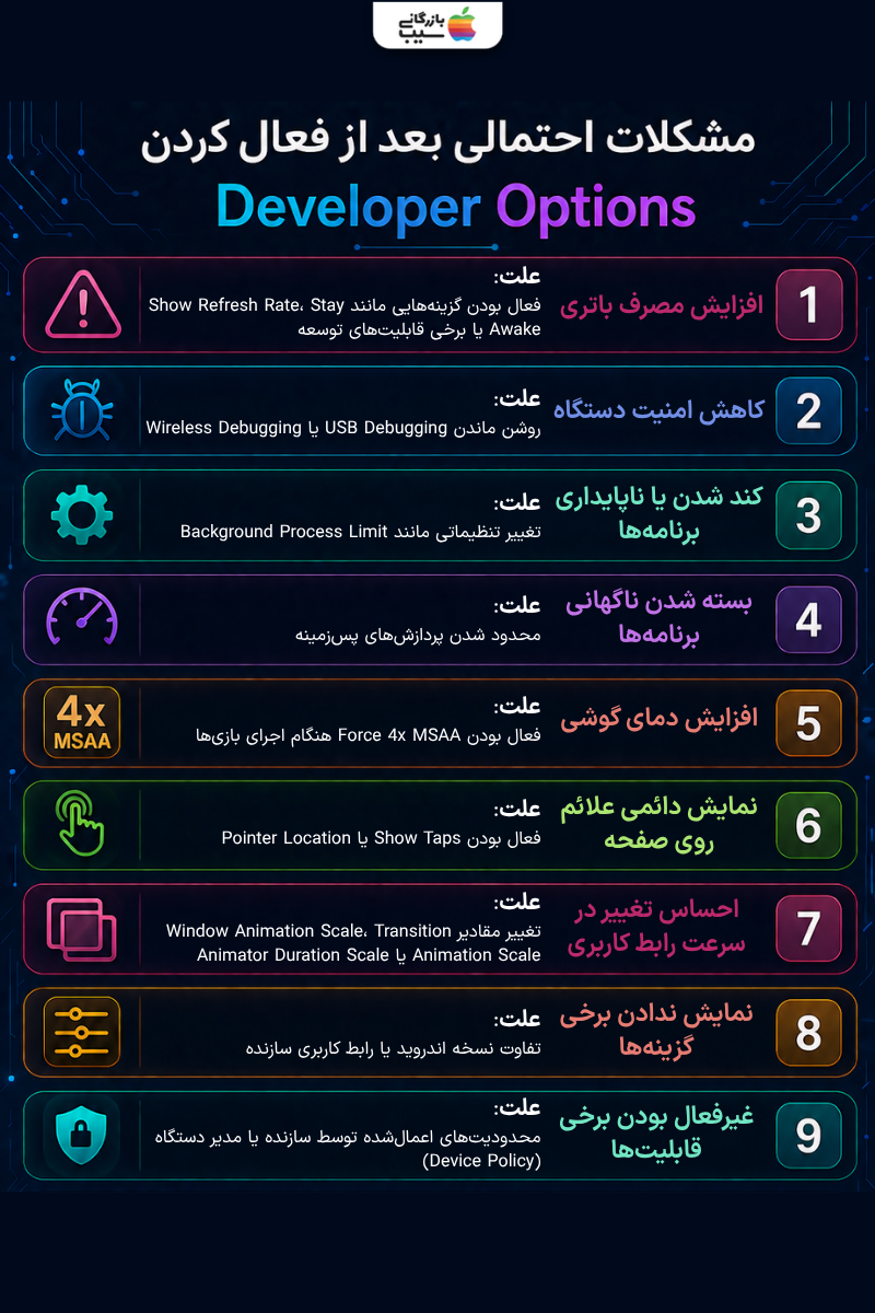 مشکلات احتمالی بعد از فعال کردن Developer Options در اندروید مانند مصرف باتری و کندی گوشی