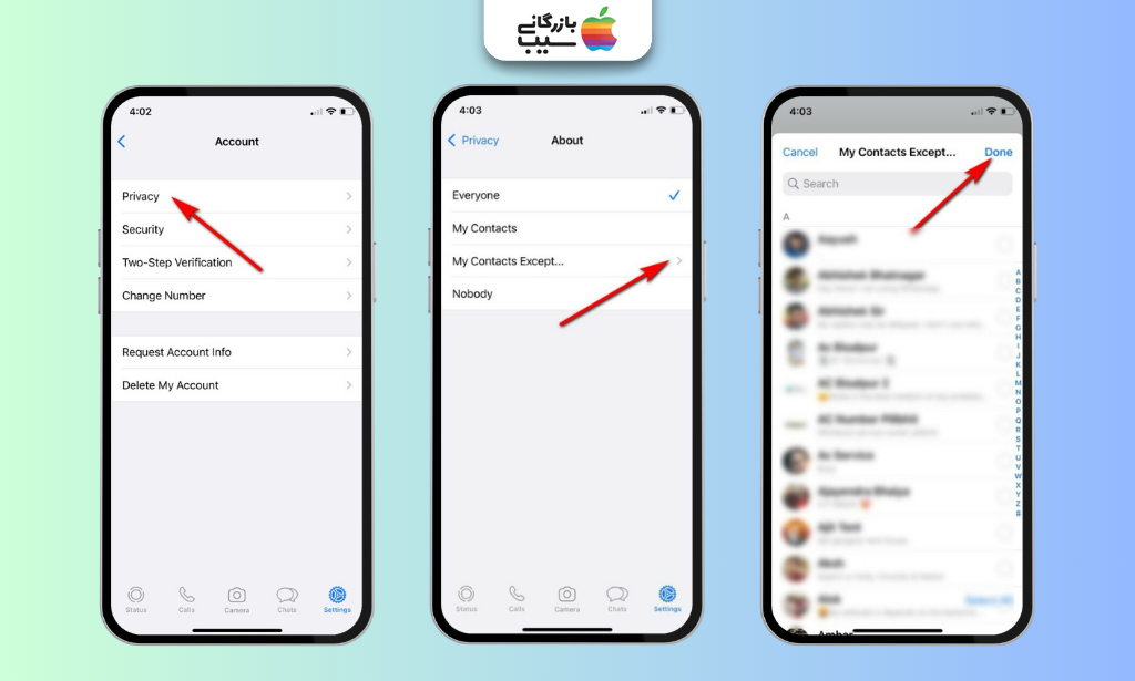 نحوه مخفی کردن آخرین بازدید واتساپ از یک شخص خاص با استفاده از گزینه My Contacts Except