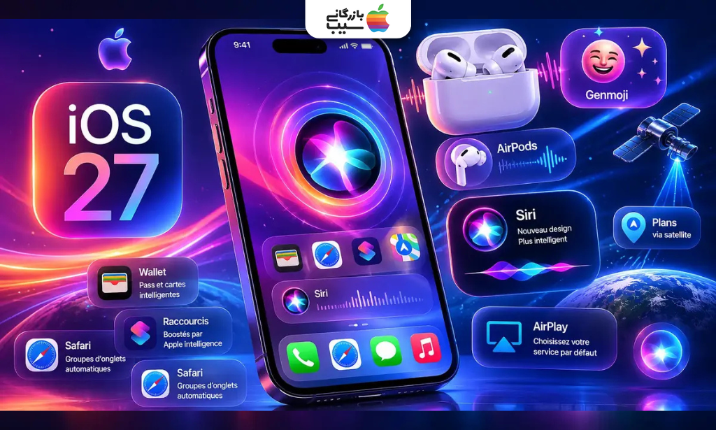 نمای مفهومی آیفون مجهز به iOS 27 در کنار قابلیت‌های جدید Siri، AirPods، Genmoji، Wallet، Safari و AirPlay