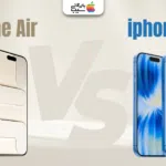 مقایسه ظاهری آیفون ۱۸ آبی‌رنگ با دوربین دوگانه در برابر آیفون ایر سفیدرنگ با طراحی باریک و دوربین تک‌لنزی.