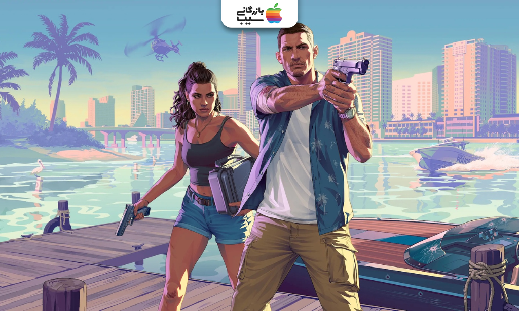 تصویر شخصیت‌های اصلی GTA 6 در یک صحنه اکشن با فضای شهر وایس سیتی