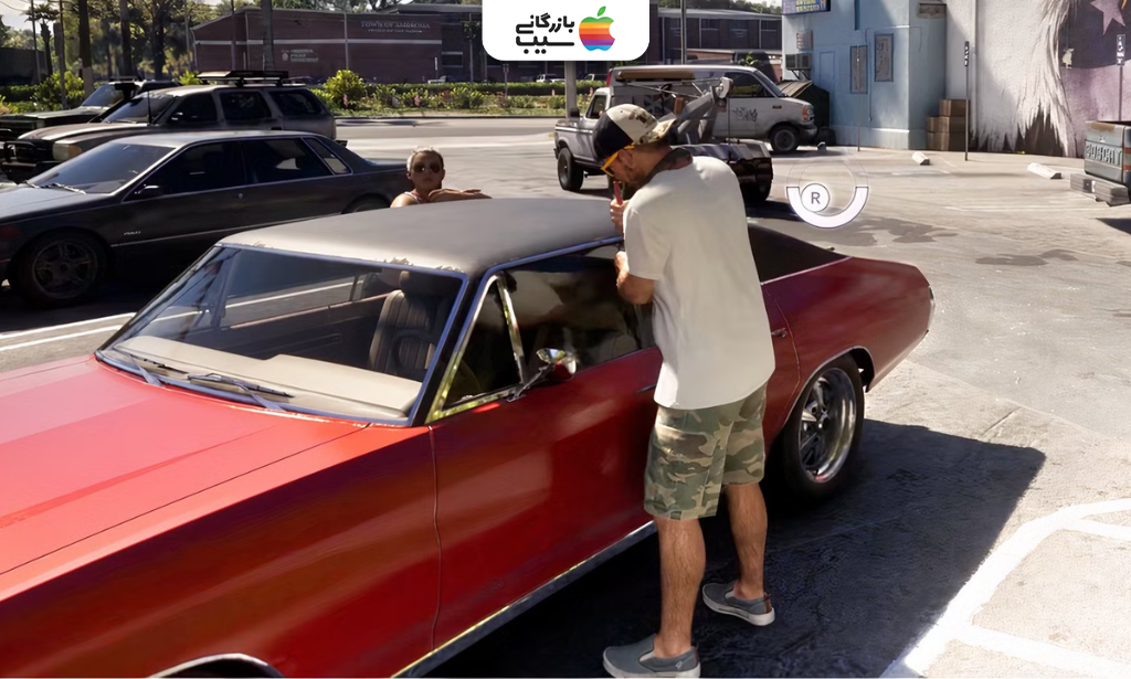 نمایی از گیم پلی بازی GTA 6 با سرقت خودرو و تعامل شخصیت‌ها با محیط