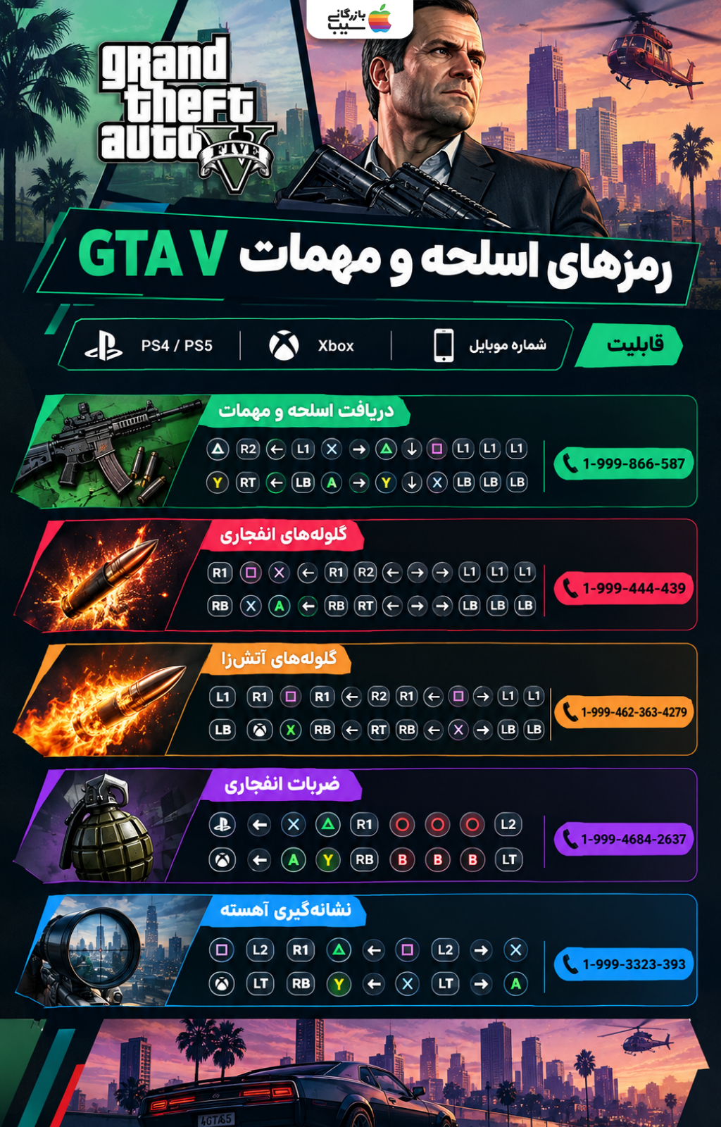 رمز اسلحه و مهمات GTA V برای پلی‌استیشن، ایکس‌باکس و شماره موبایل