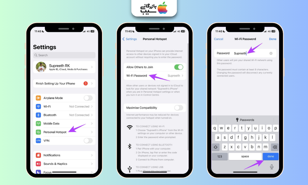 آموزش تغییر رمز هات اسپات آیفون از مسیر Settings، بخش Personal Hotspot و گزینه Wi-Fi Password