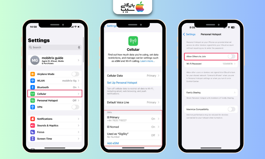 رفع مشکل نمایش ندادن هات اسپات آیفون با بررسی تنظیمات Cellular، سیم‌کارت اصلی و گزینه Set Up Personal Hotspot
