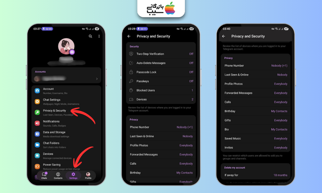 مراحل مدیریت Privacy and Security تلگرام و تنظیم نمایش شماره موبایل، آخرین بازدید و تصویر پروفایل